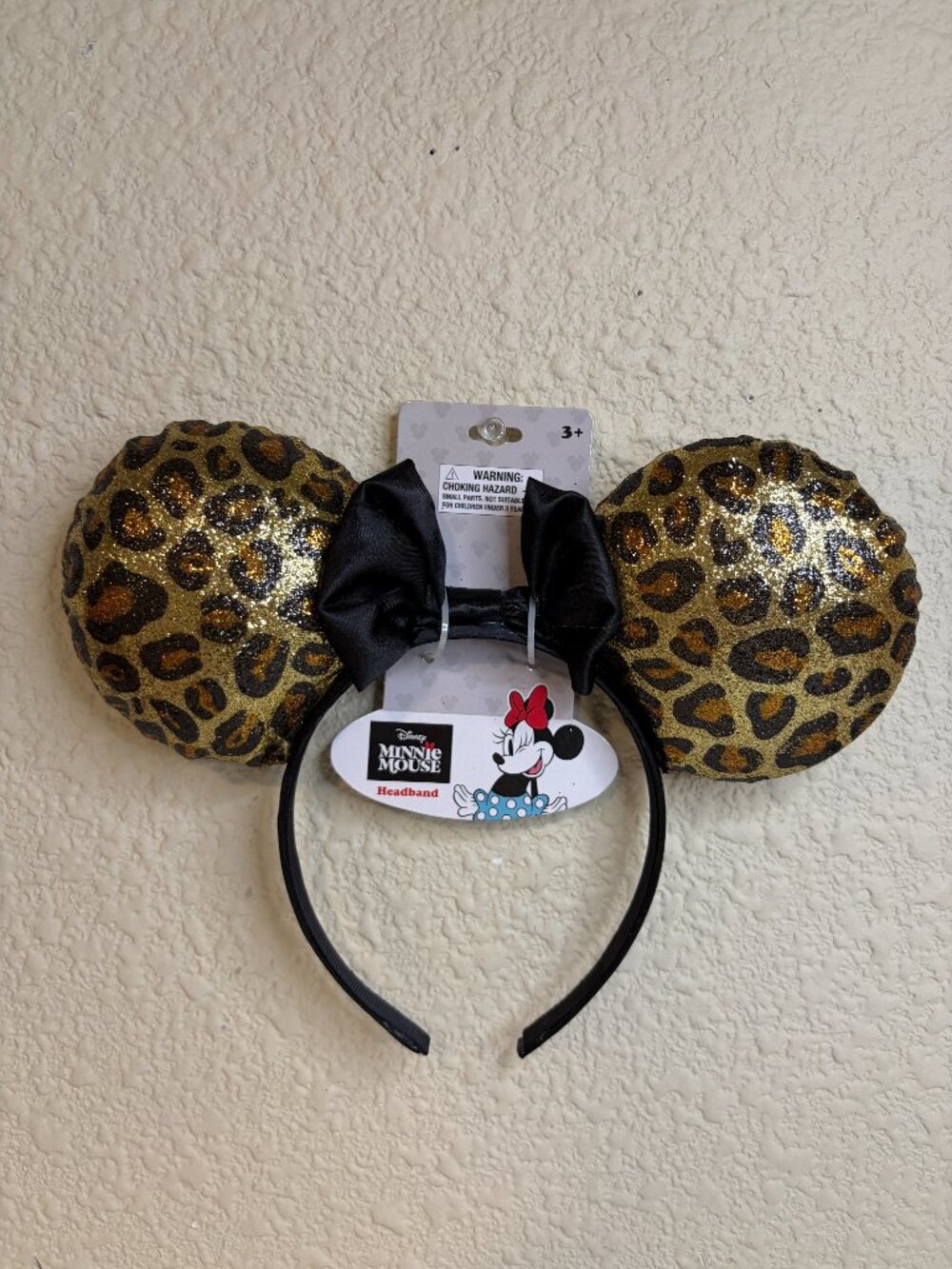 Disney Minnie Mouse Leopard Print Glitter Ears Headband Black Bow NWT